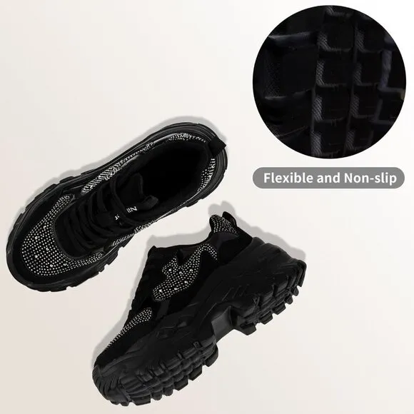 Niluber Walking Shoes Women Size(7-10) Black Rhinestone KPU Tennis Shoes.