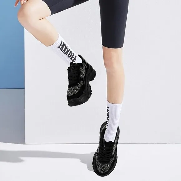 Niluber Walking Shoes Women Size(7-10) Black Rhinestone KPU Tennis Shoes.