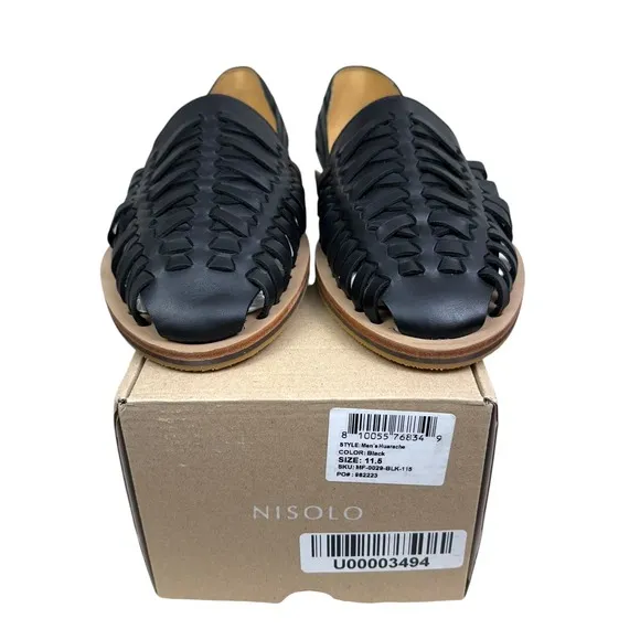 Nisolo Mens Huarache Sandals Black Leather Woven Slip On Casual Shoes Size 11.5