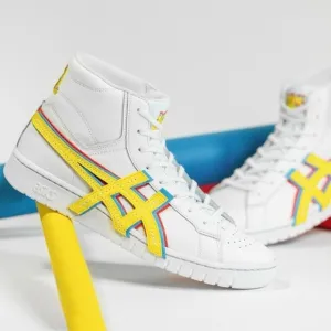 NWT Asics Atmos ‘ 3 Strand ‘ Gel PTG MT White Yellow Blue Mid Sneaker Leather