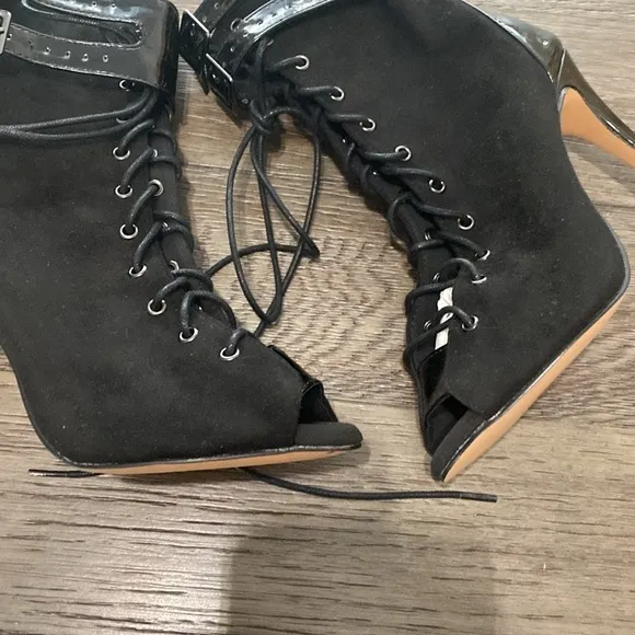 NWT BURJU Under The Influence Open Toe Lace Up Buckle Ankle Boots | Black 5