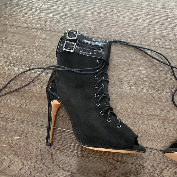 NWT BURJU Under The Influence Open Toe Lace Up Buckle Ankle Boots | Black 5