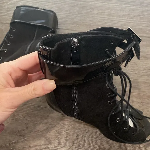 NWT BURJU Under The Influence Open Toe Lace Up Buckle Ankle Boots | Black 5