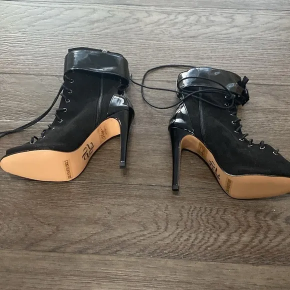 NWT BURJU Under The Influence Open Toe Lace Up Buckle Ankle Boots | Black 5