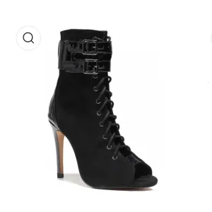 NWT BURJU Under The Influence Open Toe Lace Up Buckle Ankle Boots | Black 5