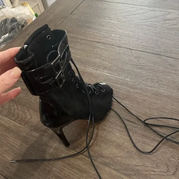 NWT BURJU Under The Influence Open Toe Lace Up Buckle Ankle Boots | Black 5