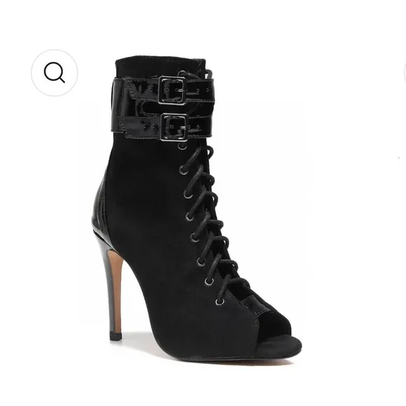 NWT BURJU Under The Influence Open Toe Lace Up Buckle Ankle Boots | Black 5
