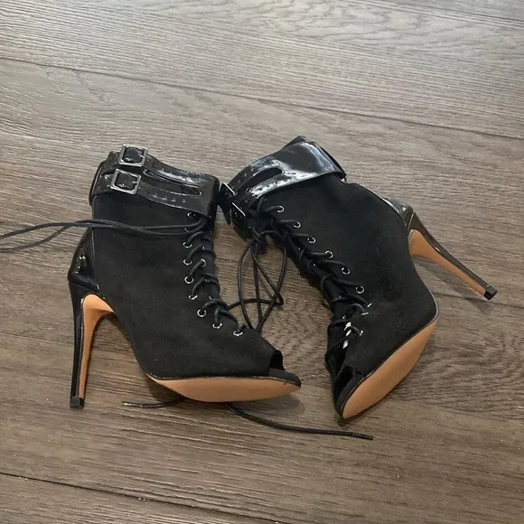 NWT BURJU Under The Influence Open Toe Lace Up Buckle Ankle Boots | Black 5