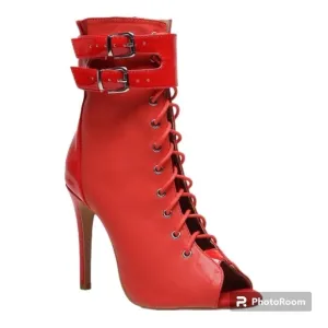 NWT BURJU Under The Influence Open Toe Lace Up Buckle Ankle Boots | Red | 9.5