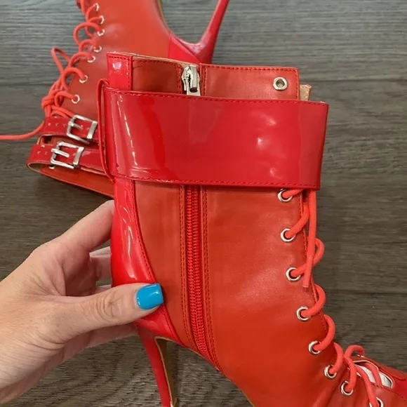 NWT BURJU Under The Influence Open Toe Lace Up Buckle Ankle Boots | Red | 9.5