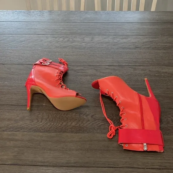 NWT BURJU Under The Influence Open Toe Lace Up Buckle Ankle Boots | Red | 9.5