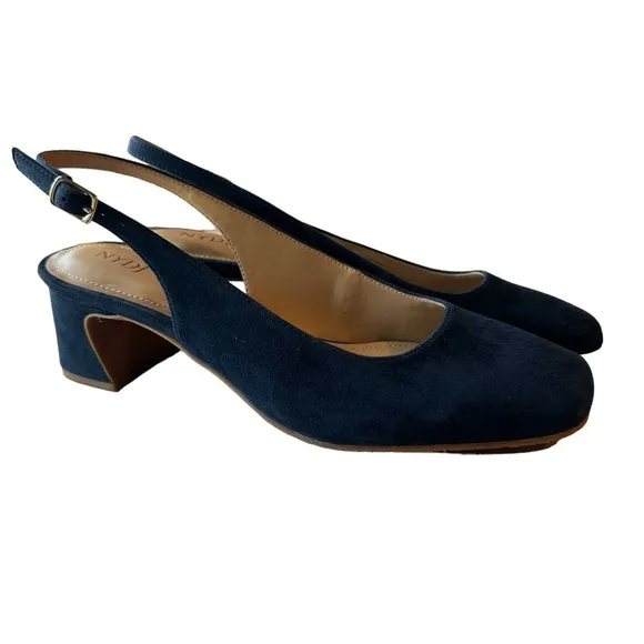 NYDJ Woman's Faelynn Navy Versatile Swede Buckle Slingback Heels, Size 8.5