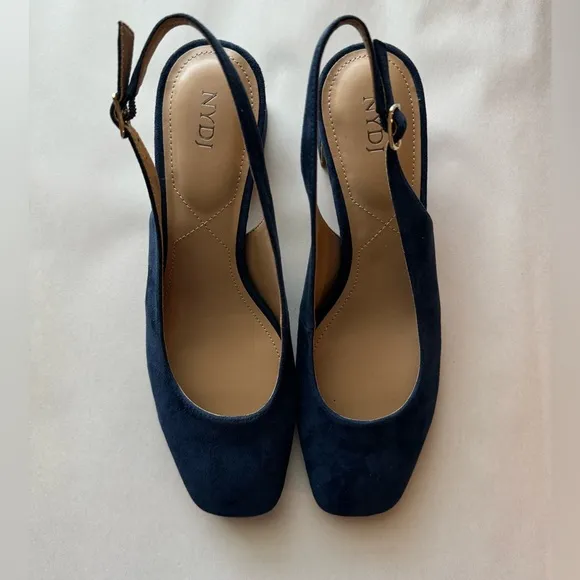 NYDJ Woman's Faelynn Navy Versatile Swede Buckle Slingback Heels, Size 8.5