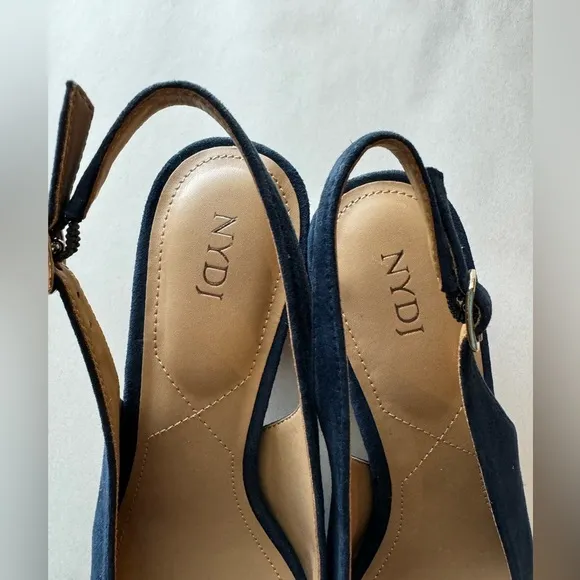 NYDJ Woman's Faelynn Navy Versatile Swede Buckle Slingback Heels, Size 8.5