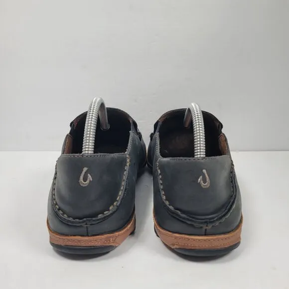 Olukai Men's Black Leather Slip-On Shoes 10128-4033 US Size 9.5
