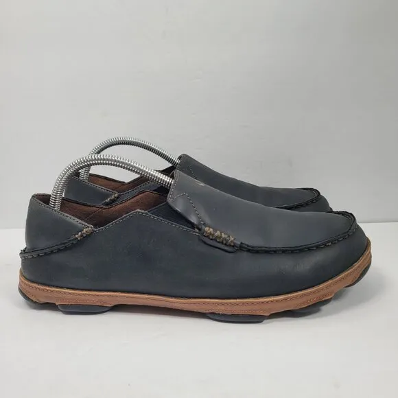 Olukai Men's Black Leather Slip-On Shoes 10128-4033 US Size 9.5