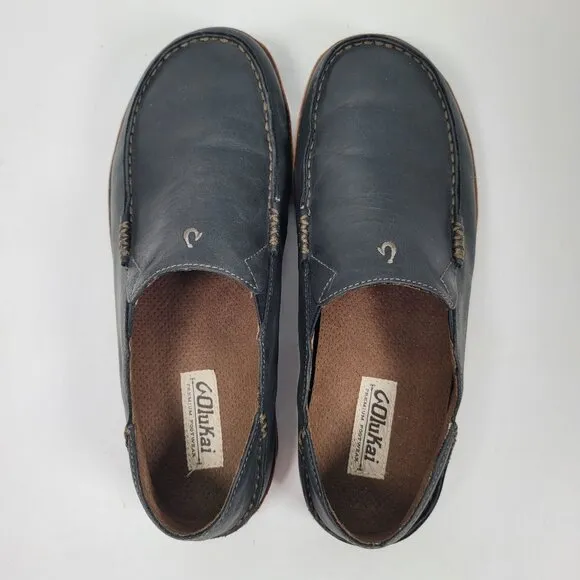 Olukai Men's Black Leather Slip-On Shoes 10128-4033 US Size 9.5