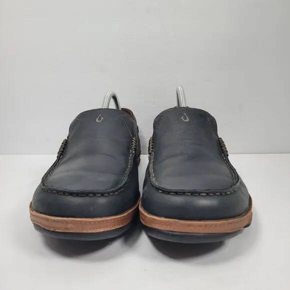 Olukai Men's Black Leather Slip-On Shoes 10128-4033 US Size 9.5