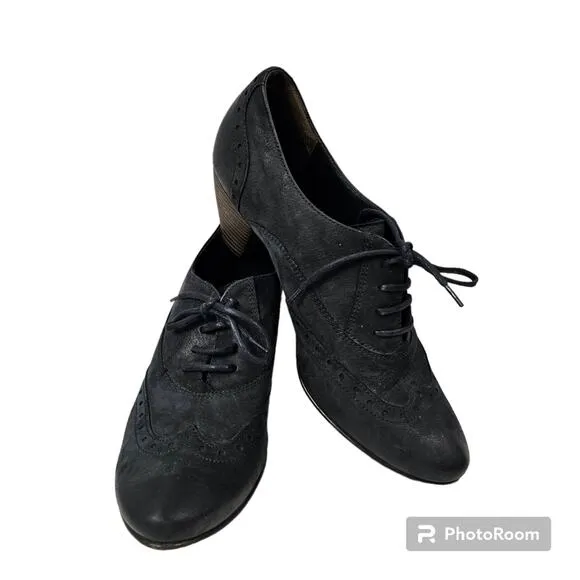 Paul Green Kelsey Black Nubuck Wingtip Lace-up Oxford Stacked Heel W 6.5