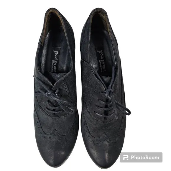Paul Green Kelsey Black Nubuck Wingtip Lace-up Oxford Stacked Heel W 6.5