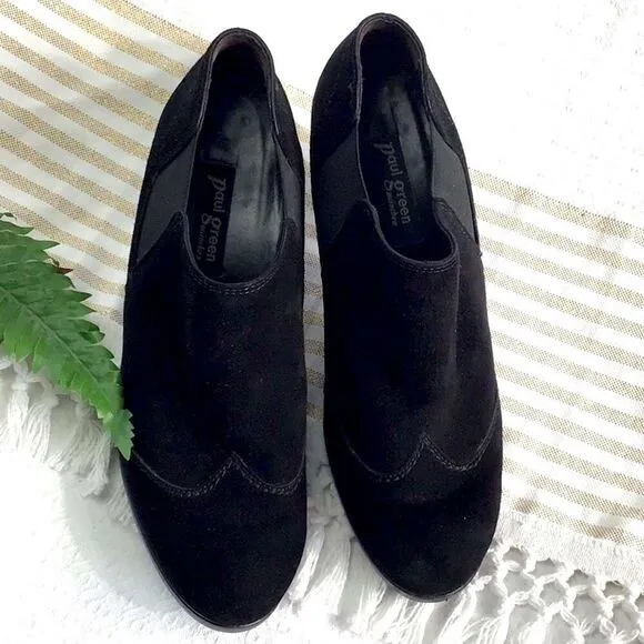 Paul Green Black Suede Slip On Heeled Booties