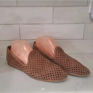 Pedro García Yasmin Perforated Suede Tan Almond Toe Loafer Flats Shoes Size 9.5