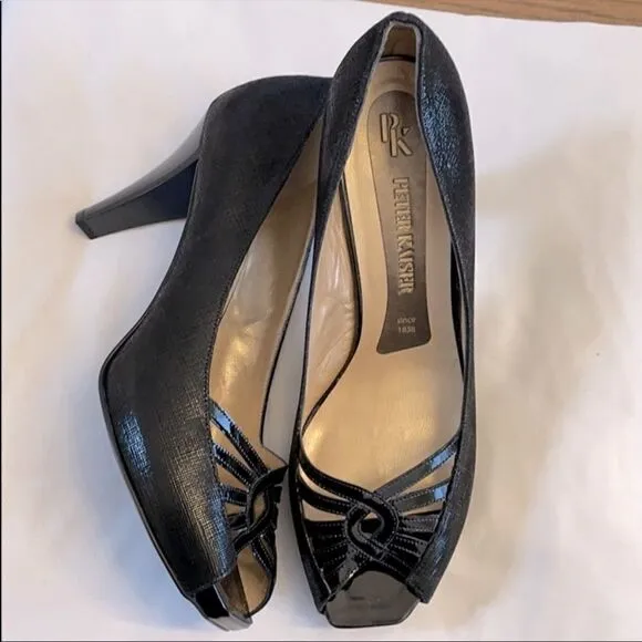 PETER KAISER BLACK PATENT OPEN TOE SHOES. …