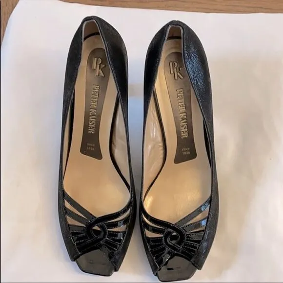 PETER KAISER BLACK PATENT OPEN TOE SHOES. …