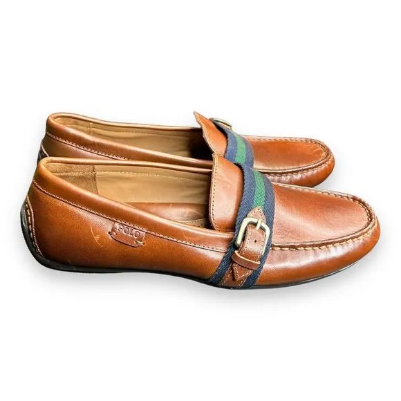 Polo Ralph Lauren Men 8.5D Riali Moc Driving Leather Loafer Brown Buckle Green