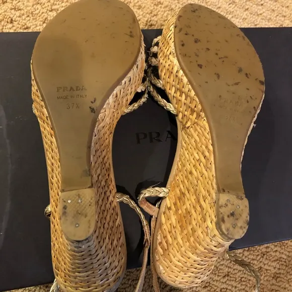 PRADA gold braided wedges, shoes some wear&amp;tare