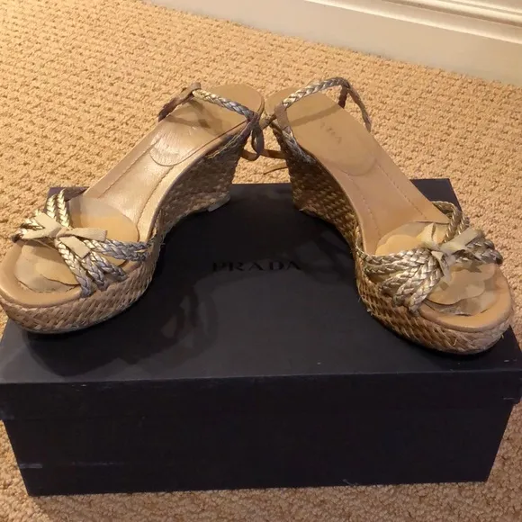 PRADA gold braided wedges, shoes some wear&amp;tare