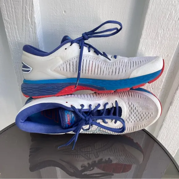 Pre- Owned Men Asics Gel- Kayano 25 Running Shoes White- Blue 1011A019 Size 10.5