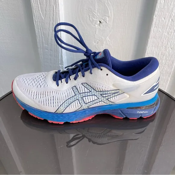 Pre- Owned Men Asics Gel- Kayano 25 Running Shoes White- Blue 1011A019 Size 10.5