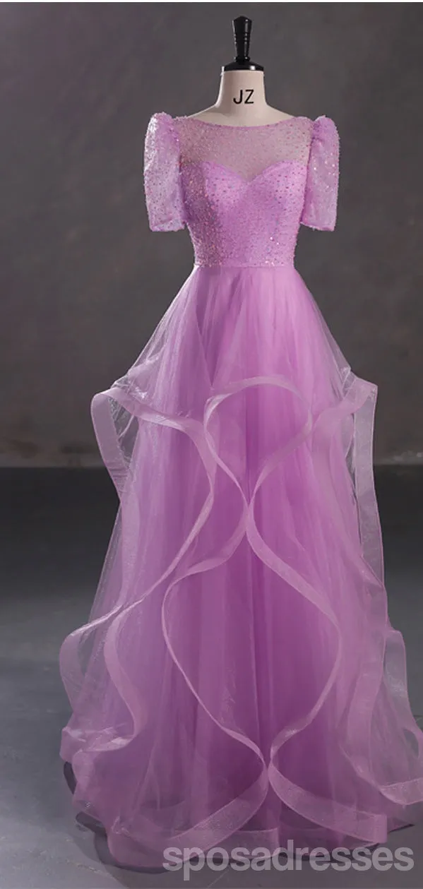 Purple A-line Short Sleeves Jewel Cheap Long Prom Dresses Online,12984