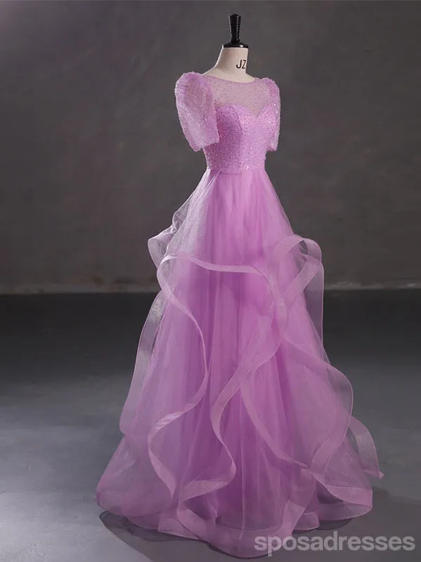 Purple A-line Short Sleeves Jewel Cheap Long Prom Dresses Online,12984
