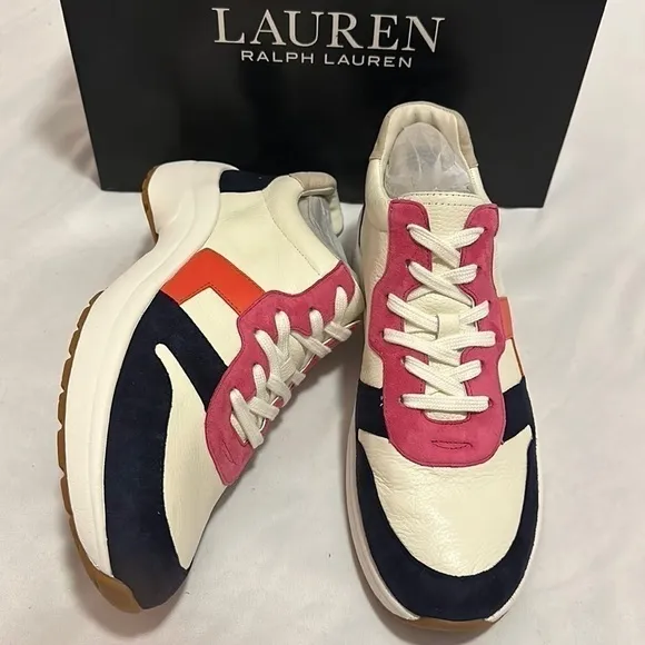 Ralph Lauren Rylee Womens Shoes Sneakers Cream Leather  Suede multi color 9.5