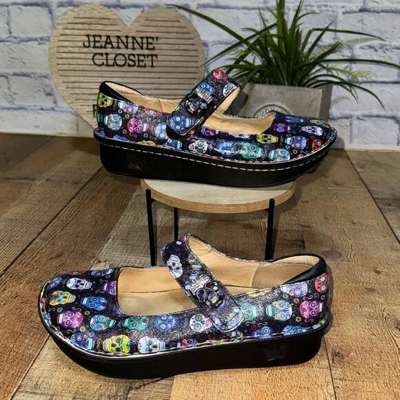 RARE Alegria Paloma Mary Jane Sugar Skull Print Shoes 39 Dia De Los Muertos US 9