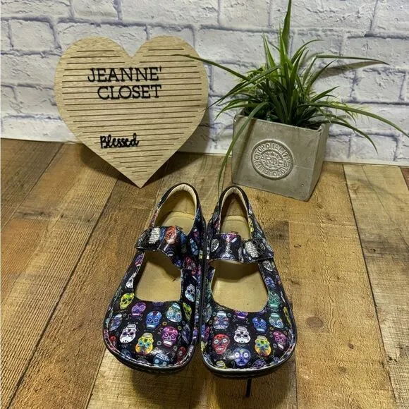RARE Alegria Paloma Mary Jane Sugar Skull Print Shoes 39 Dia De Los Muertos US 9