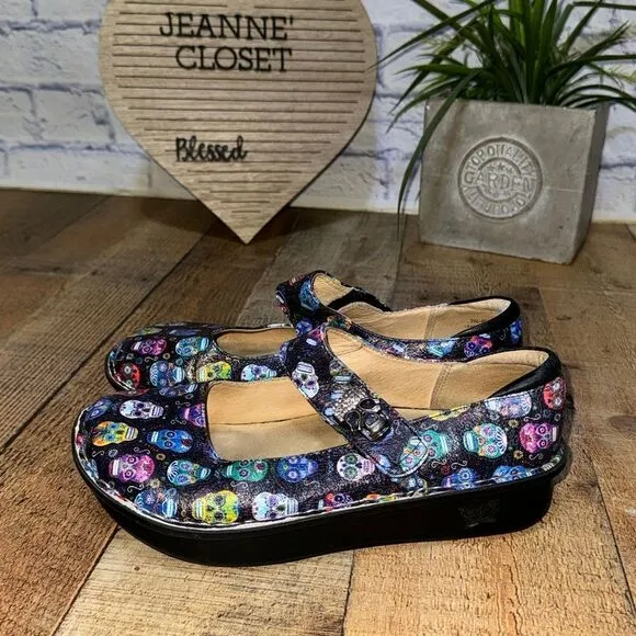 RARE Alegria Paloma Mary Jane Sugar Skull Print Shoes 39 Dia De Los Muertos US 9