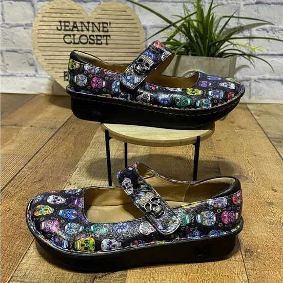 RARE Alegria Paloma Mary Jane Sugar Skull Print Shoes 39 Dia De Los Muertos US 9