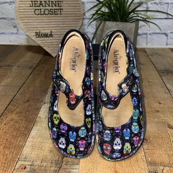RARE Alegria Paloma Mary Jane Sugar Skull Print Shoes 39 Dia De Los Muertos US 9