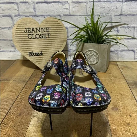 RARE Alegria Paloma Mary Jane Sugar Skull Print Shoes 39 Dia De Los Muertos US 9