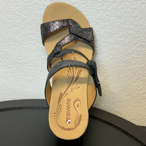 Revere Sofia Sandals Women Comfort Shoe Wedge Slide Metallic Black Python Size 8