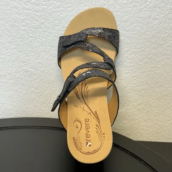 Revere Sofia Sandals Women Comfort Shoe Wedge Slide Metallic Black Python Size 8