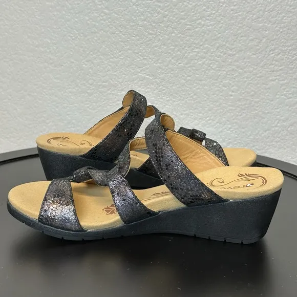 Revere Sofia Sandals Women Comfort Shoe Wedge Slide Metallic Black Python Size 8