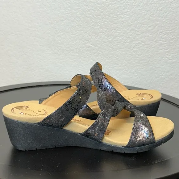 Revere Sofia Sandals Women Comfort Shoe Wedge Slide Metallic Black Python Size 8
