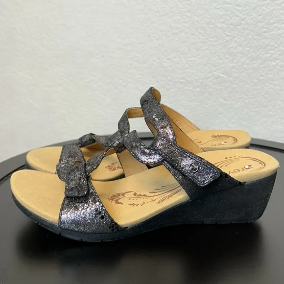 Revere Sofia Sandals Women Comfort Shoe Wedge Slide Metallic Black Python Size 8