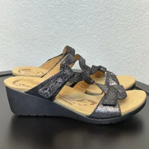 Revere Sofia Sandals Women Comfort Shoe Wedge Slide Metallic Black Python Size 8