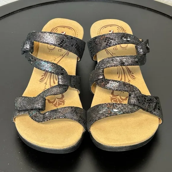 Revere Sofia Sandals Women Comfort Shoe Wedge Slide Metallic Black Python Size 8