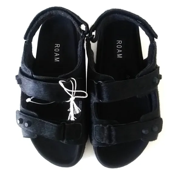 ROAM Black Calfhair Comfy Strappy Sandals Memory Foam Hug-Fit Shoes  NWT